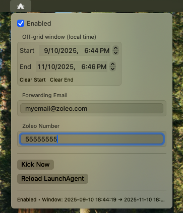 The Off-Grid Digest macOS menu bar app, showing the enabled toggle, off-grid window start and end times, forwarding email, and Zoleo number fields.